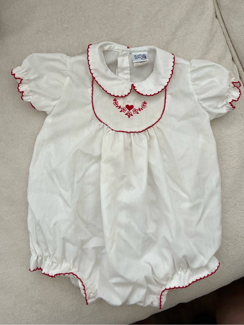 Vintage White Baby Bubble Romper with Red Trim